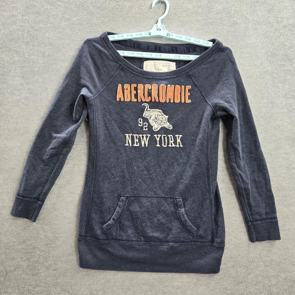 Abercrombie & Fitch Women Sweatshirt‎ L Blue Tiger Text Embroidered Long Sleeve